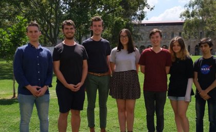 UQ and Australia’s IPT 2019 team, featuring (L-R) Bailey Carthouser, Andrew Penton, Shaun McAnally, Brigid Wilson, Chris Chang, Tamera Summerill and Ahmad Mohit.